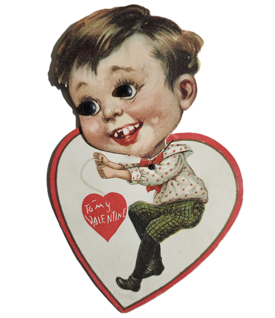 Vintage Valentine's, Mechanical Die Cut Valentine Card, Raphael Tuck Sons Boy Puppet Heart Moving Head Applied Glass Eyes