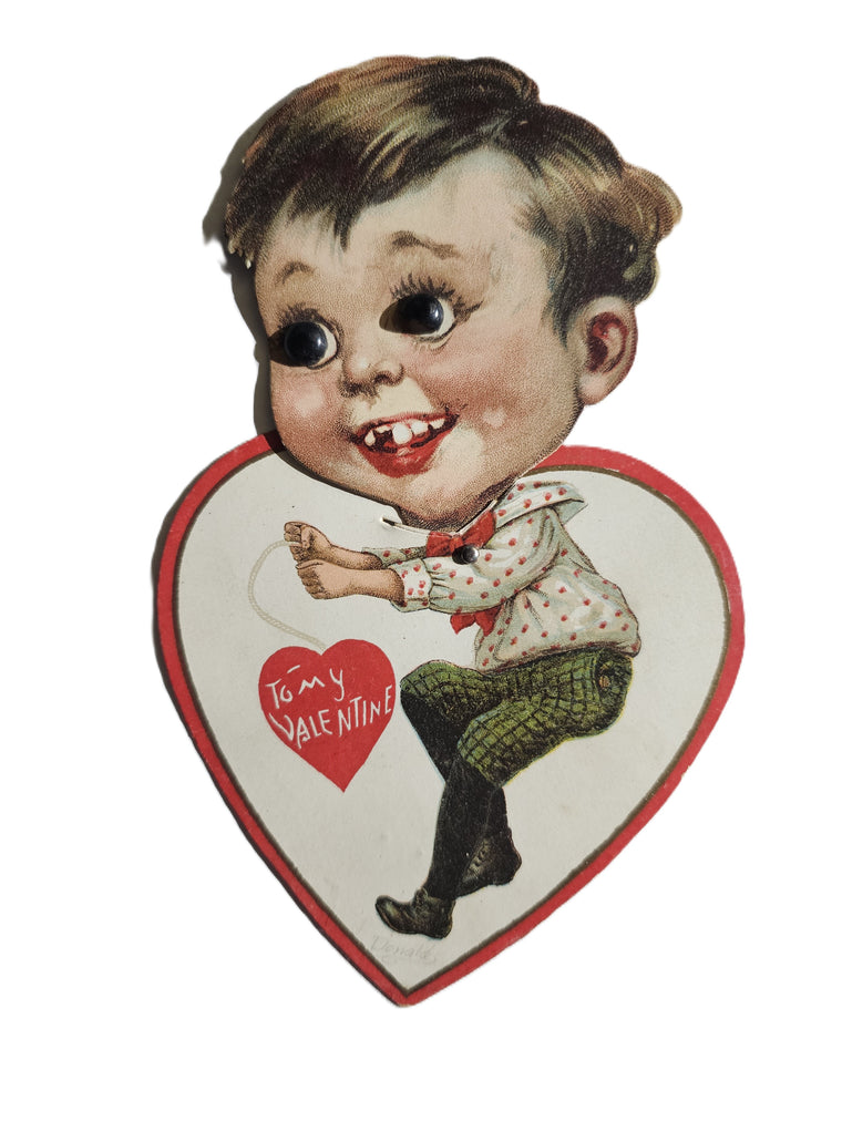 Vintage Valentine's, Mechanical Die Cut Valentine Card, Raphael Tuck Sons Boy Puppet Heart Moving Head Applied Glass Eyes