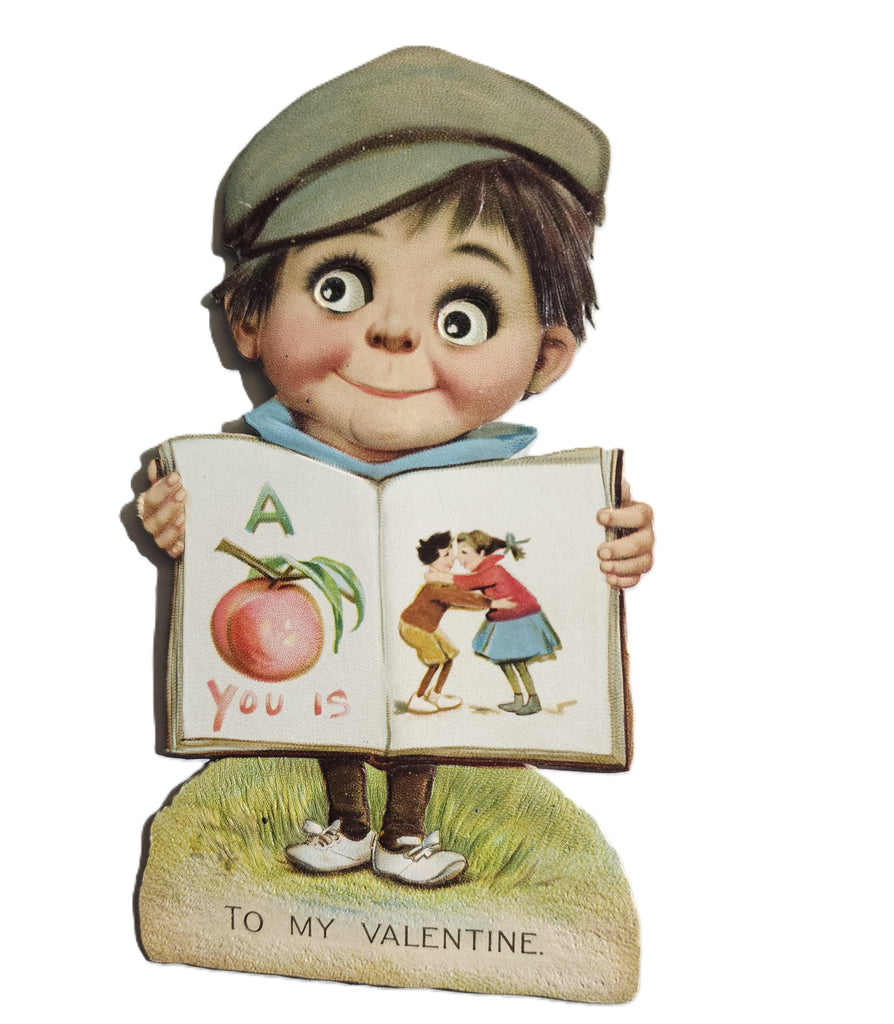 Vintage Valentine's, Mechanical Die Cut Valentine Card, Little Boy in Beret Holding Book with Moving Eyes