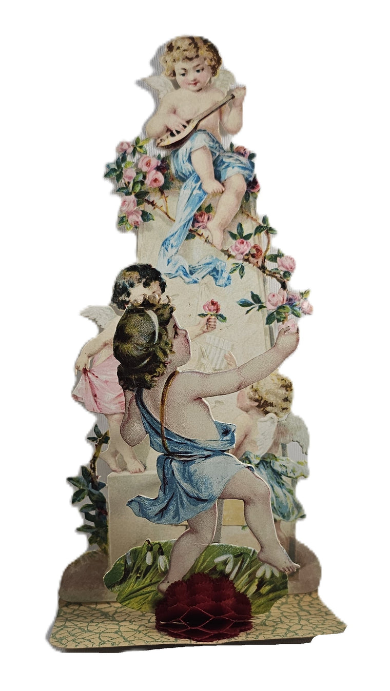 Vintage Valentine's, Antique 3D Die Cut Valentine Card, Stand Up Card with Honeycomb, Cherubs Dancing Rose Flowers