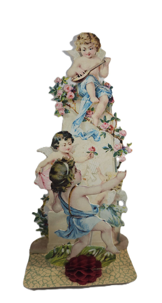 Vintage Valentine's, Antique 3D Die Cut Valentine Card, Stand Up Card with Honeycomb, Cherubs Dancing Rose Flowers