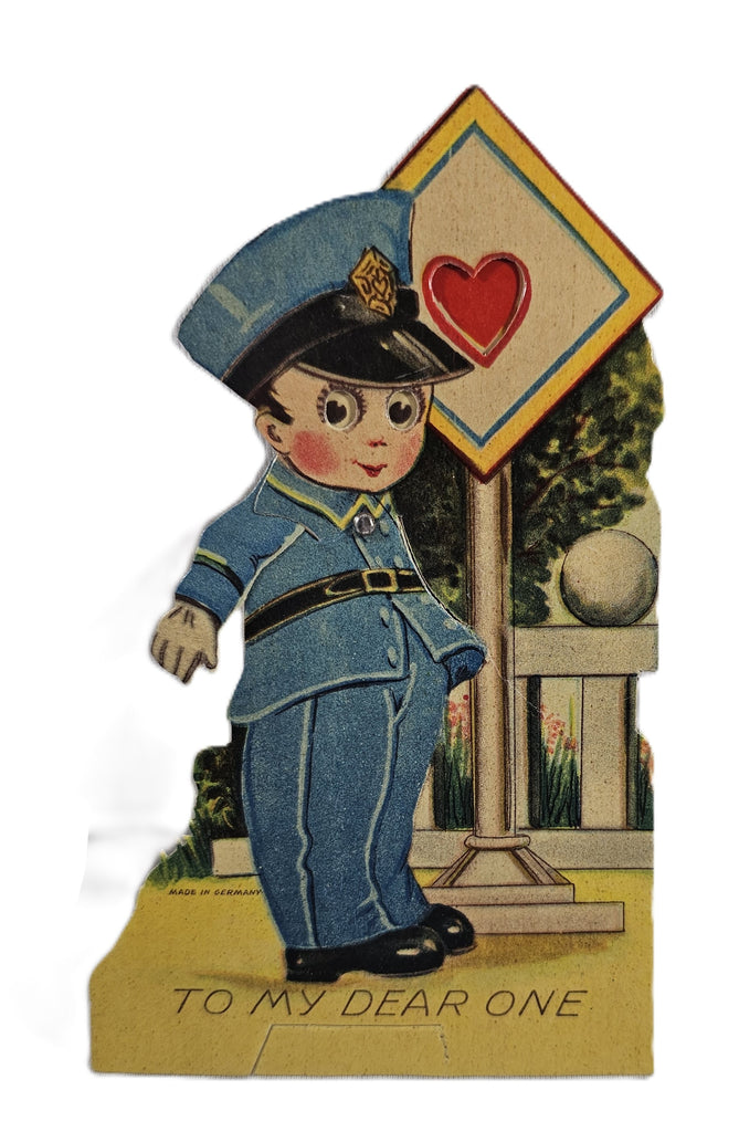 Vintage Valentine's Made in Germany, Antique Mechanical Die Cut Valentine Card, Little Police Officer Moving Eyes Heart & Arm