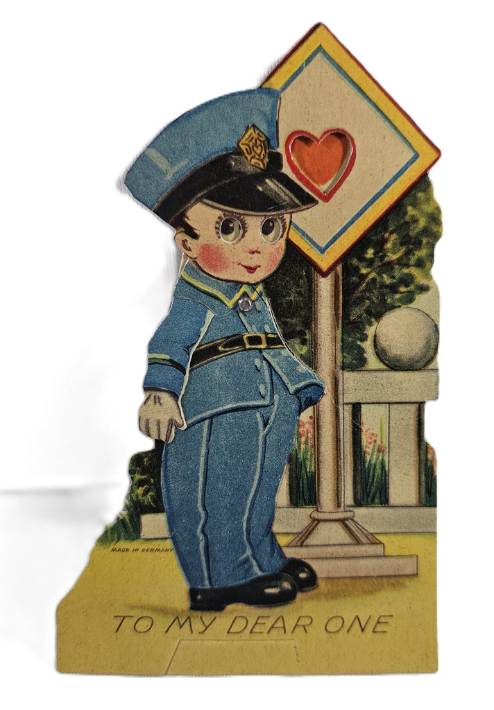 Vintage Valentine's Made in Germany, Antique Mechanical Die Cut Valentine Card, Little Police Officer Moving Eyes Heart & Arm