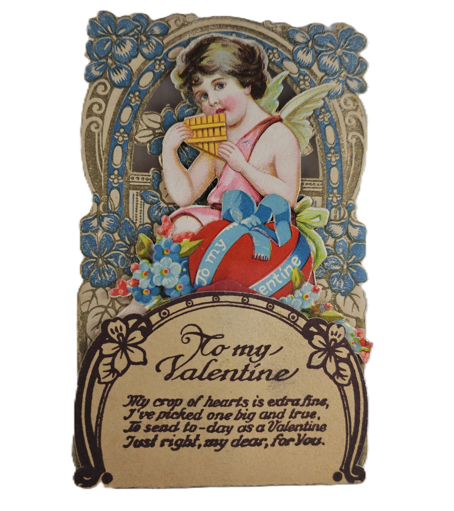 Vintage Valentine's Made in USA, Antique 3D Die Cut Valentine Card, Cupid Cherub Playing Music Atop Giant Heart