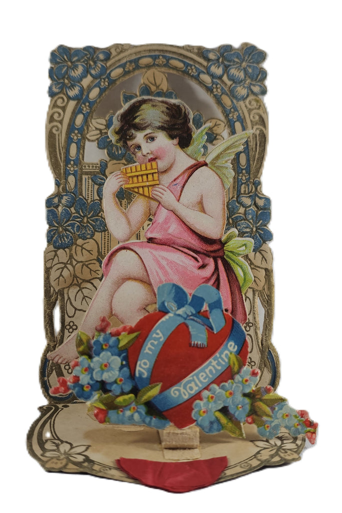 Vintage Valentine's Made in USA, Antique 3D Die Cut Valentine Card, Cupid Cherub Playing Music Atop Giant Heart