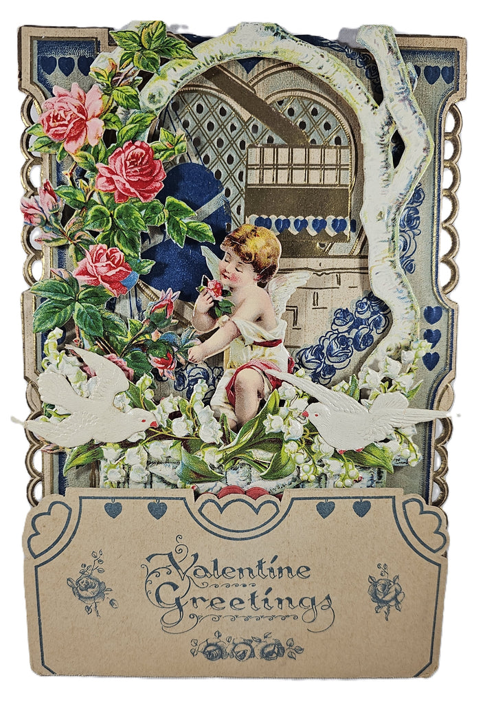 Vintage Valentine's, Antique 3D Die Cut Valentine Card, Stand Up Card with Honeycomb, Cherub in Roses with Castle & Branches