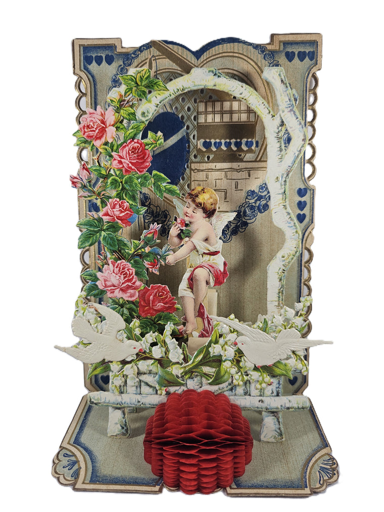 Vintage Valentine's, Antique 3D Die Cut Valentine Card, Stand Up Card with Honeycomb, Cherub in Roses with Castle & Branches