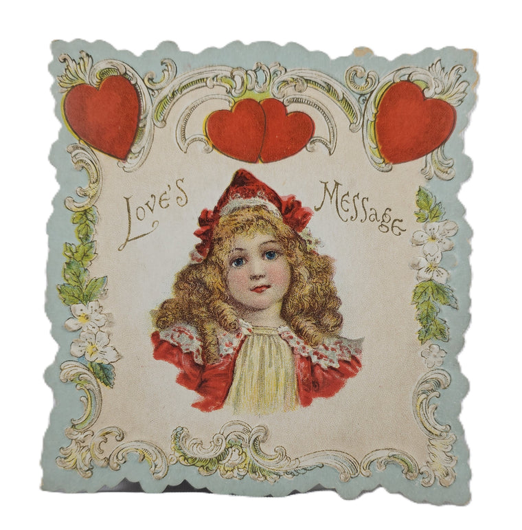 Vintage Valentine's, Antique Die Cut Valentine Card, Victorian Style Brundage Girl with Red Dress & Hearts Poem on Reverse