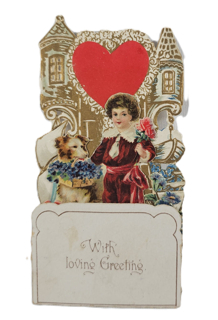 Vintage Valentine's, Antique 3D Die Cut Valentine Card, Stand Up Card Little Boy with Dog Holding Flowers