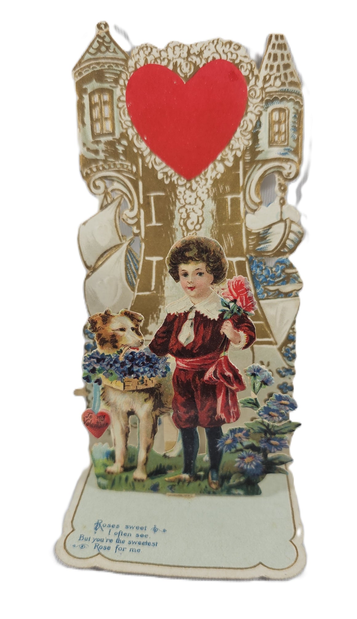 Vintage Valentine's, Antique 3D Die Cut Valentine Card, Stand Up Card Little Boy with Dog Holding Flowers