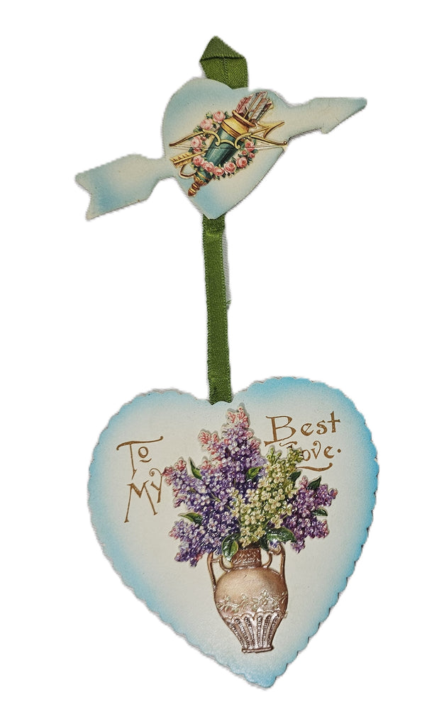 Vintage Valentine's, Antique Die Cut Valentine Card, Hanging Heart with Cupid's Arrow and Flower Bouquet