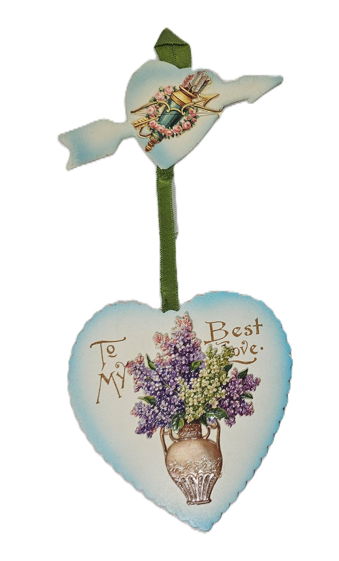 Vintage Valentine's, Antique Die Cut Valentine Card, Hanging Heart with Cupid's Arrow and Flower Bouquet