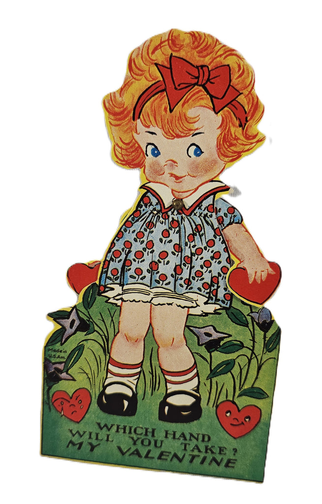 Vintage Valentine's Made in USA, Antique Mechanical Die Cut Valentine Card, Little Red Headed Girl Holding Hearts