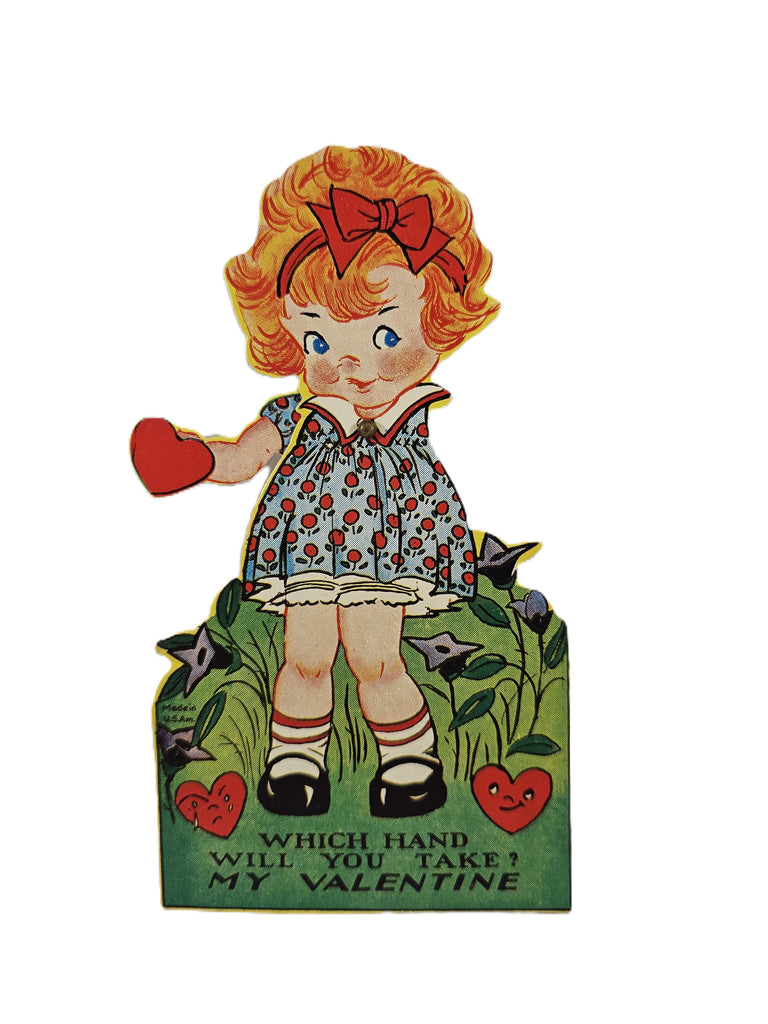 Vintage Valentine's Made in USA, Antique Mechanical Die Cut Valentine Card, Little Red Headed Girl Holding Hearts