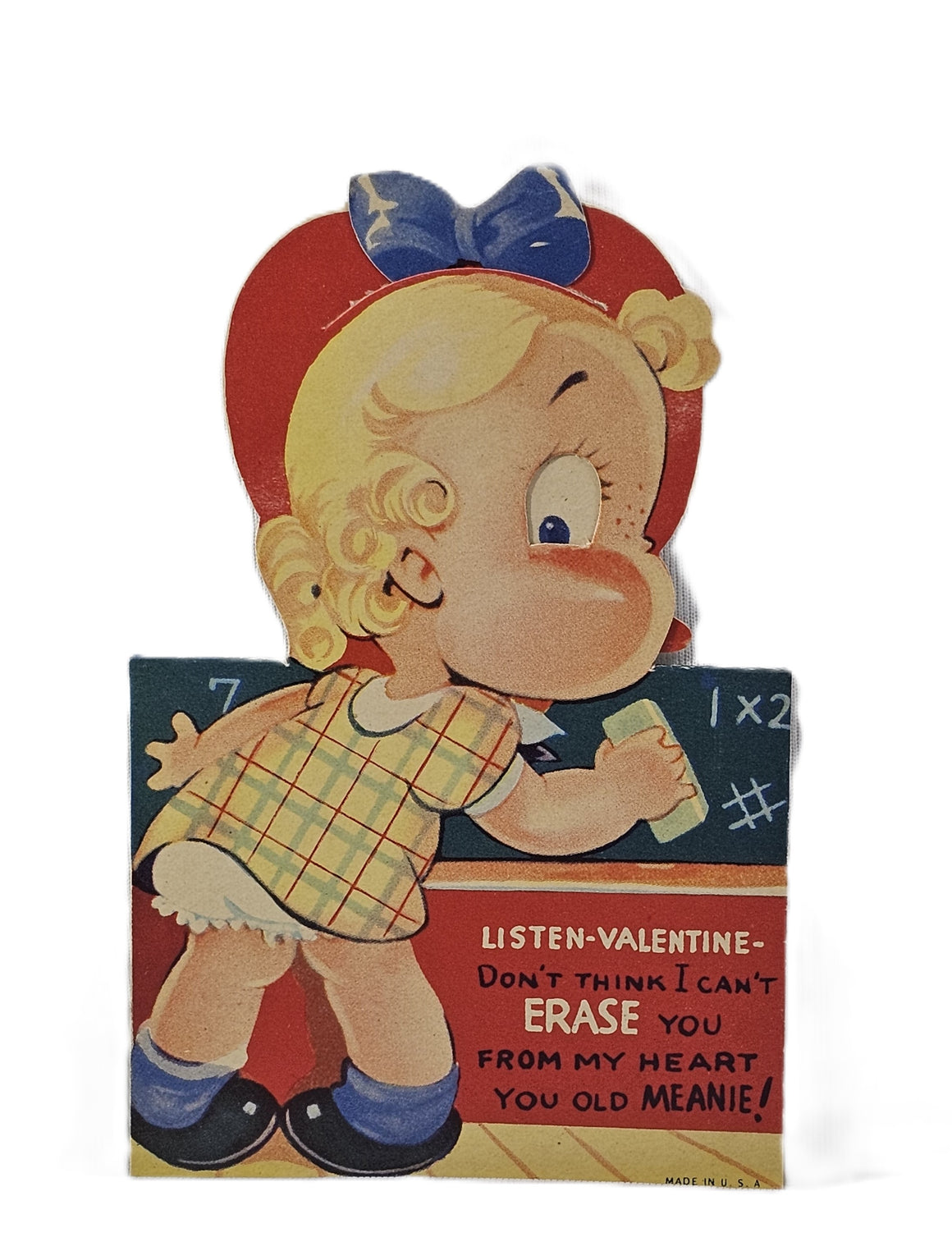 Vintage Valentine's Made in Germany, Antique Mechanical Die Cut Valentine Card, Little Girl with Blonde Hair Cleaning Chalkboard