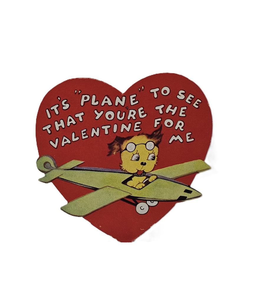 Vintage Valentine's, Antique Die Cut Valentine Card, Little Puppy Dog Flying Green Airplane in Heart Shaped Card