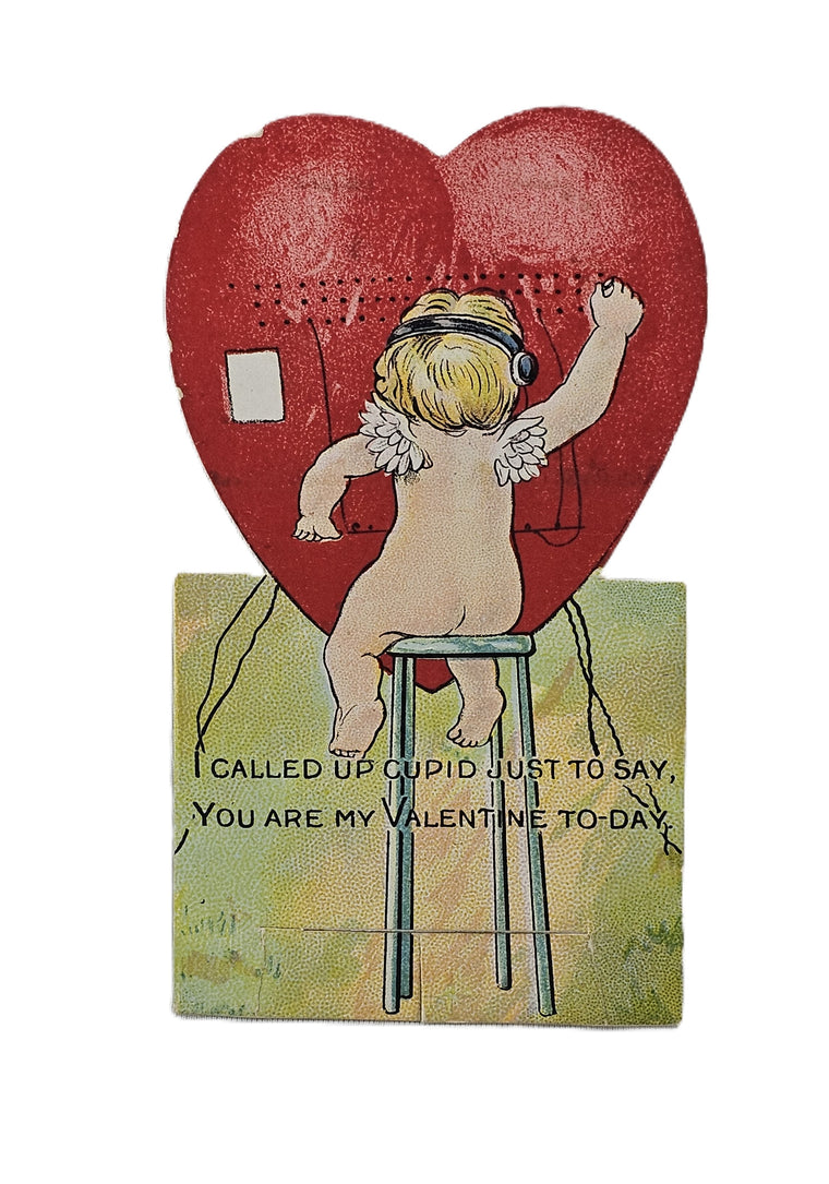 Vintage Valentine's, Antique Die Cut Valentine Card, Cupid Working Telephone Switch Board on Giant Heart