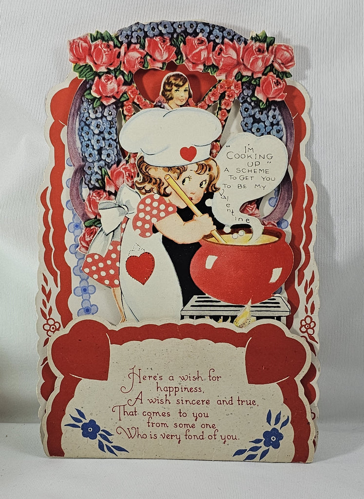 Vintage Valentine's, Antique 3D Die Cut Valentine Card, Stand Up Card with Honeycomb, Little Girl Mixing Pot