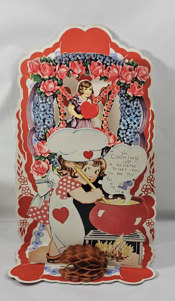 Vintage Valentine's, Antique 3D Die Cut Valentine Card, Stand Up Card with Honeycomb, Little Girl Mixing Pot