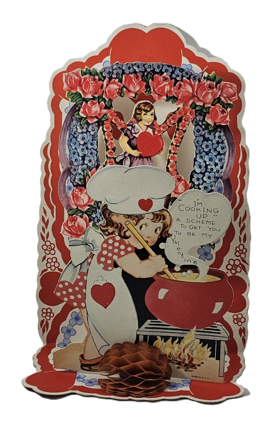 Vintage Valentine's, Antique 3D Die Cut Valentine Card, Stand Up Card with Honeycomb, Little Girl Mixing Pot