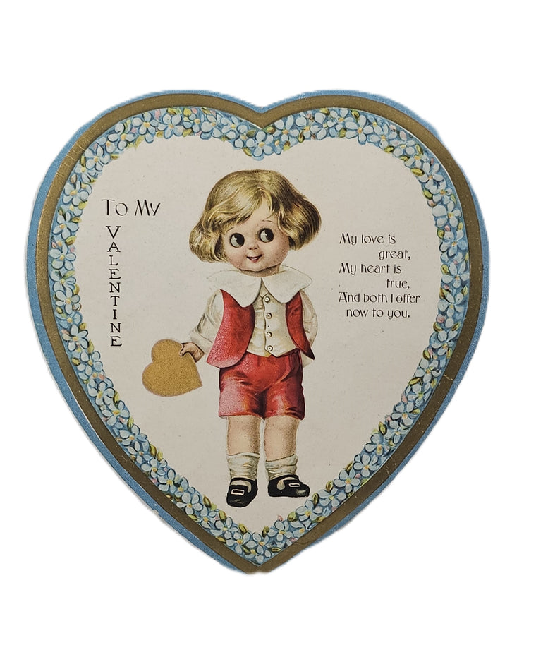 Vintage Valentine's, Antique Die Cut Valentine Card, Heart Shaped Card Artist Jason Frexias Little Boy Holding Gold Heart