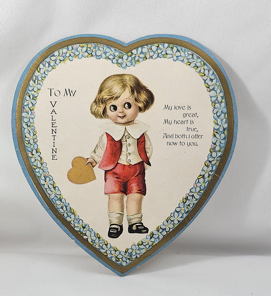 Vintage Valentine's, Antique Die Cut Valentine Card, Heart Shaped Card Artist Jason Frexias Little Boy Holding Gold Heart