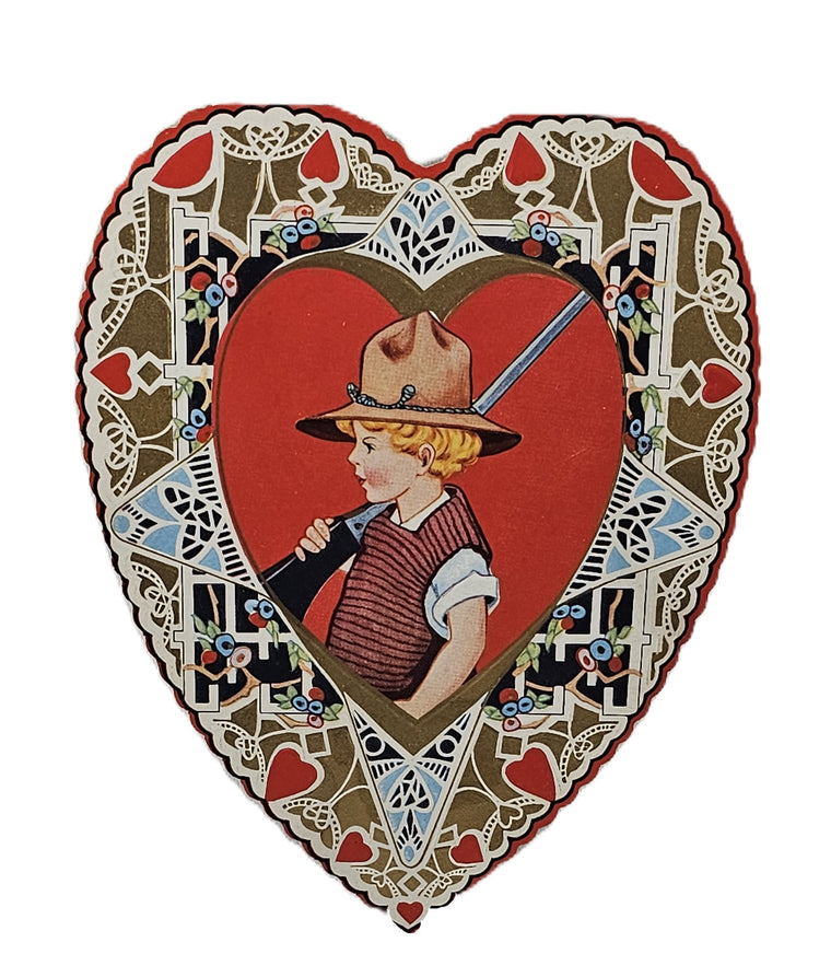 Vintage Antique Valentine Card Boy Holding His BB Gun Wearing Boy Scout Hat Whitney Made