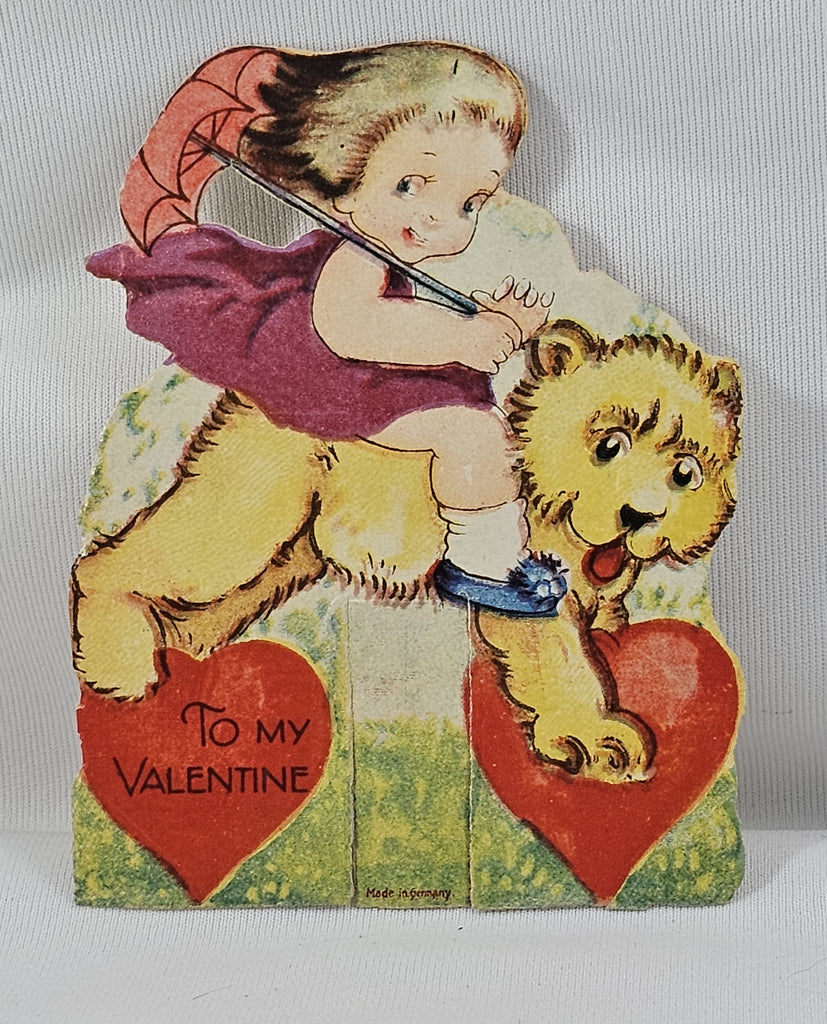 Vintage Valentine's, Antique German Die Cut Valentine Card, Little Girl with Umbrella Riding Bear