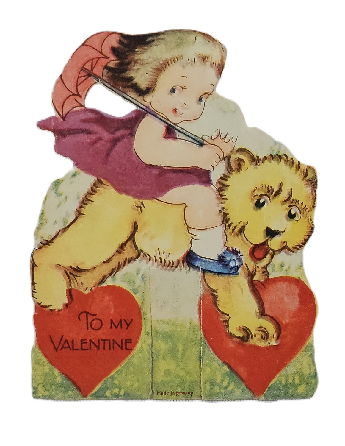 Vintage Valentine's, Antique German Die Cut Valentine Card, Little Girl with Umbrella Riding Bear