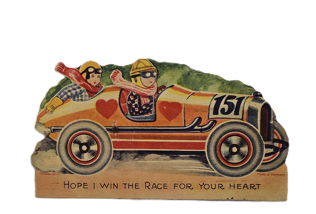 Vintage Valentine's, Antique Mechanical German Die Cut Valentine Card, Little Boy & Girl in Race Car