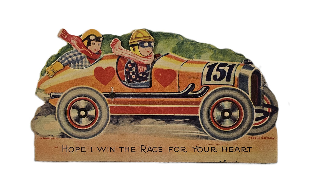 Vintage Valentine's, Antique Mechanical German Die Cut Valentine Card, Little Boy & Girl in Race Car