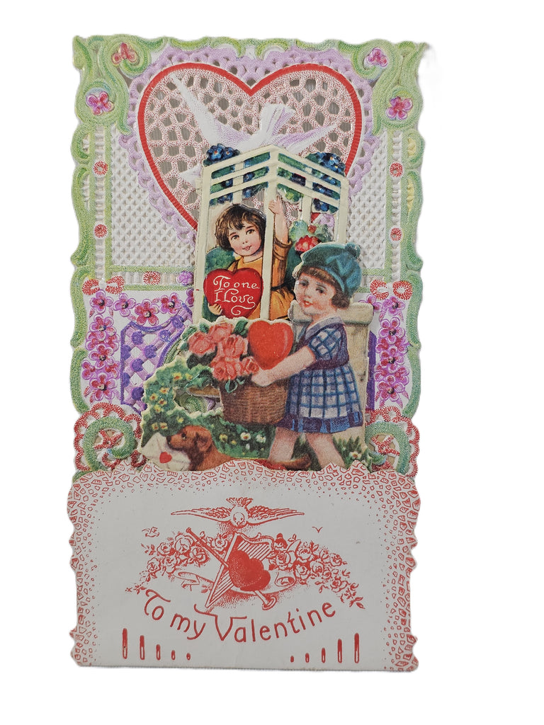 Vintage Valentine's, Antique 3D German Die Cut Valentine Card, Stand Up with Little Girls & Puppy Dog Doves and Flowers