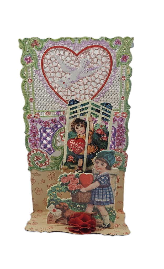 Vintage Valentine's, Antique 3D German Die Cut Valentine Card, Stand Up with Little Girls & Puppy Dog Doves and Flowers