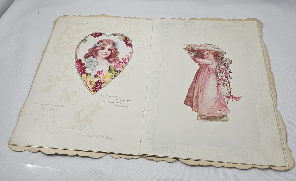 Antique Die Cut Valentine Book Card, 1900s St Valentine's Courier Card, Art Nouveau Chromolitho Card Clapsaddle Girls Flowers Poem