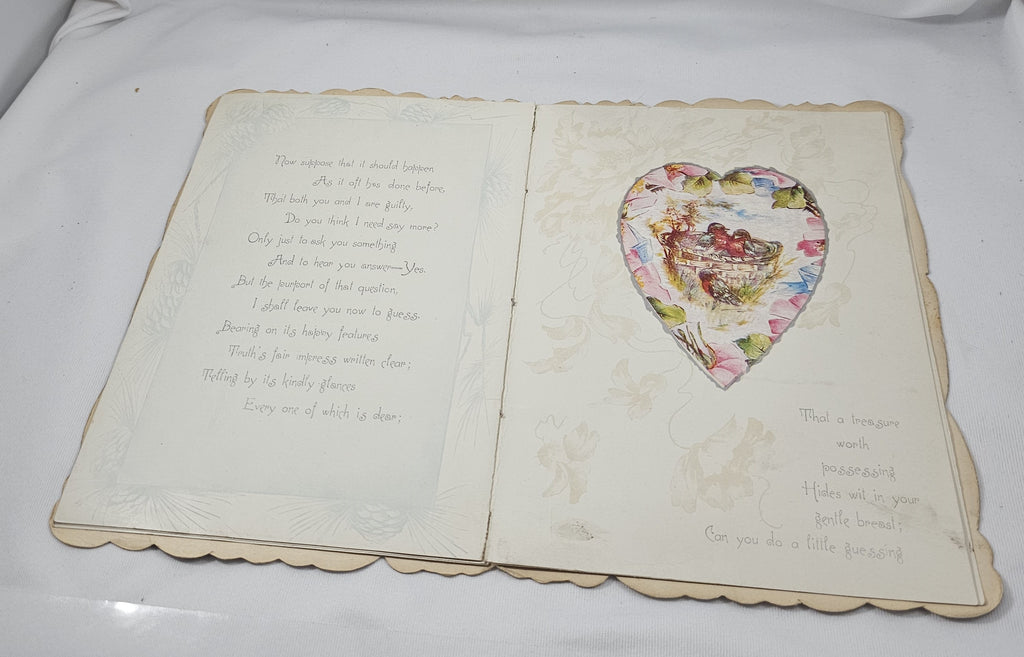 Antique Die Cut Valentine Book Card, 1900s St Valentine's Courier Card, Art Nouveau Chromolitho Card Clapsaddle Girls Flowers Poem