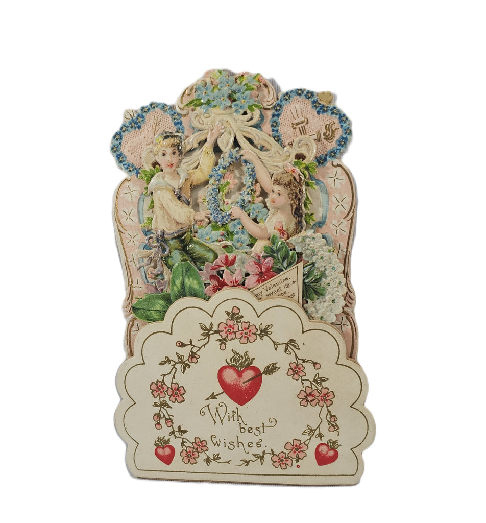 Antique 3D Die Cut Valentine Card Three Layer Fold Out with Honeycomb, Vintage Valentine's with Children & Flowers