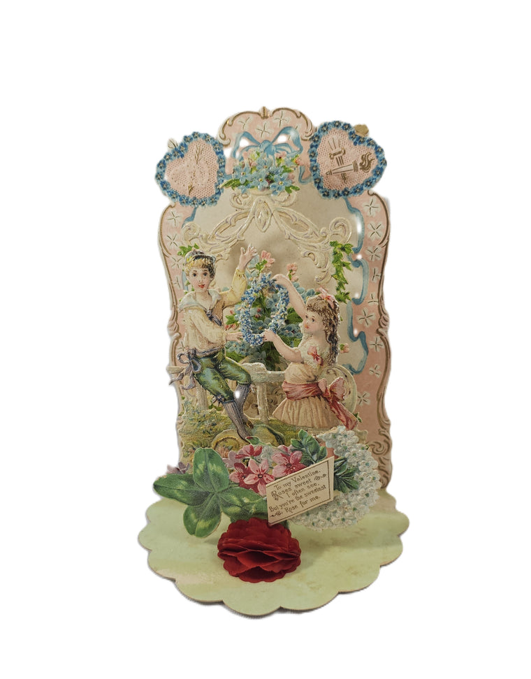 Antique 3D Die Cut Valentine Card Three Layer Fold Out with Honeycomb, Vintage Valentine's with Children & Flowers