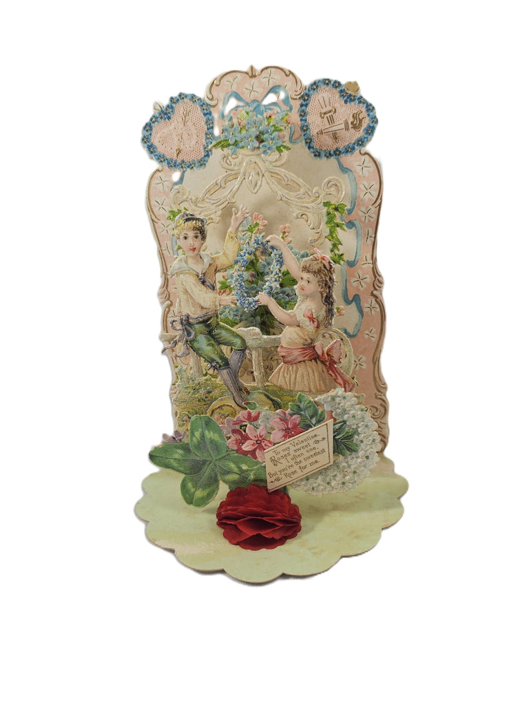 Antique 3D Die Cut Valentine Card Three Layer Fold Out with Honeycomb, Vintage Valentine's with Children & Flowers