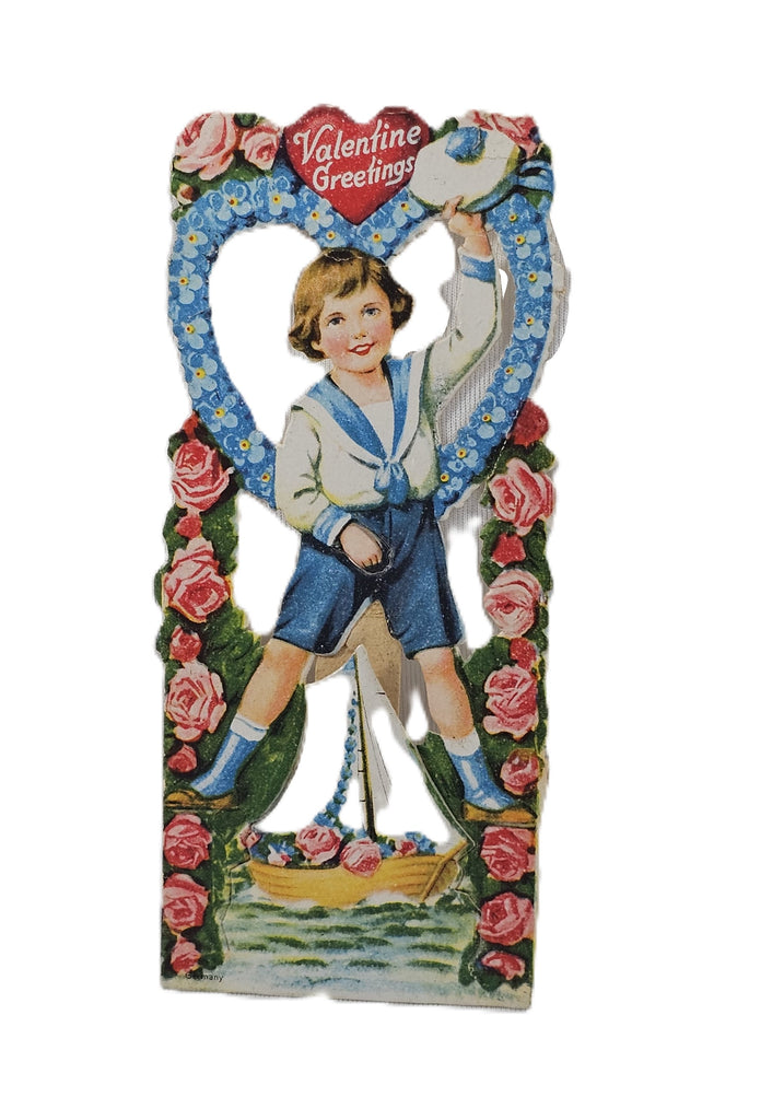 Antique Die Cut Valentine Card Boy in Sailor Suit with Heart & Flowers