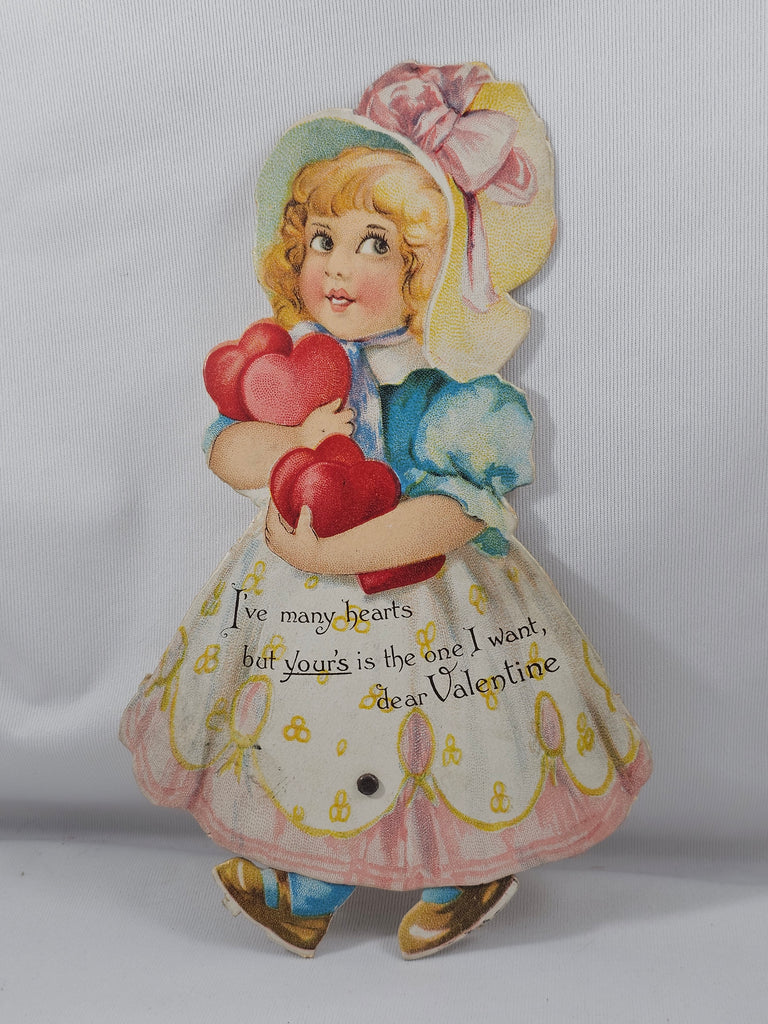 Antique Die Cut Mechanical Valentine Card Larger Sized Walker Girl Holding Pile of Hearts