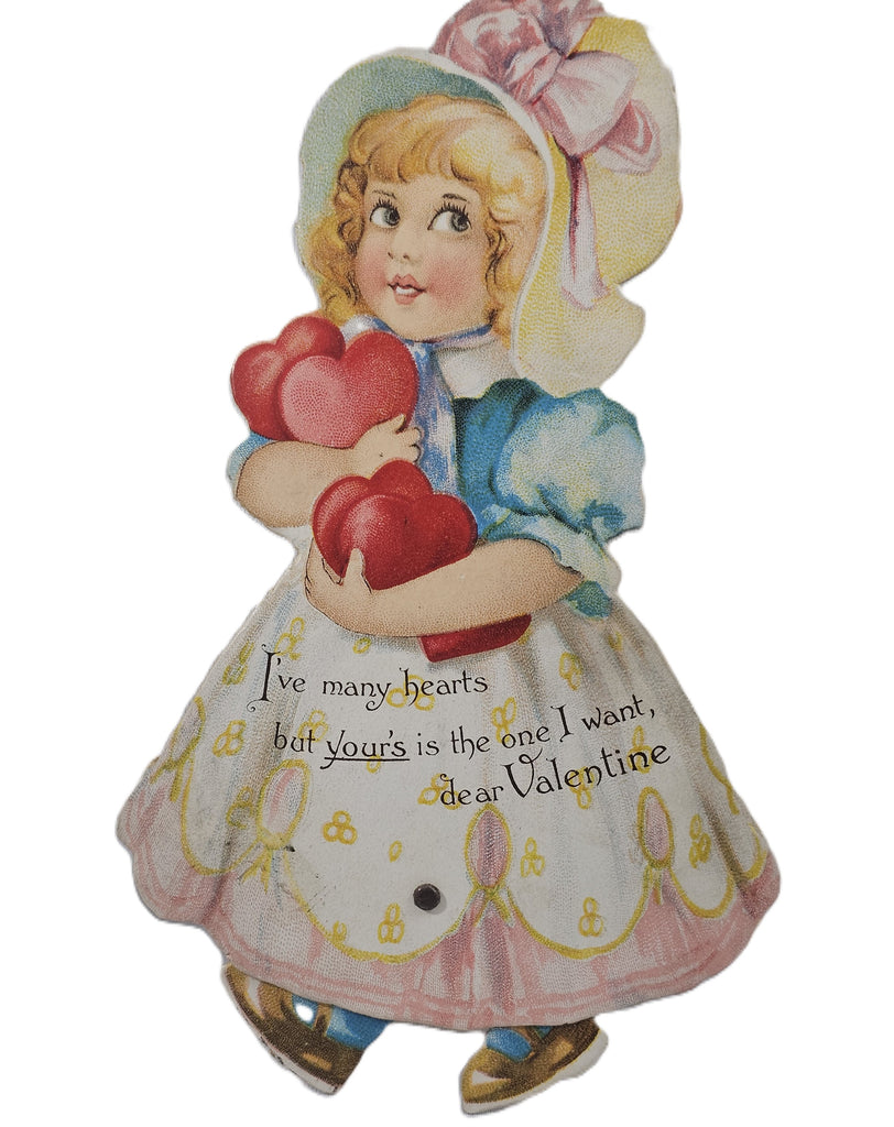 Antique Die Cut Mechanical Valentine Card Larger Sized Walker Girl Holding Pile of Hearts