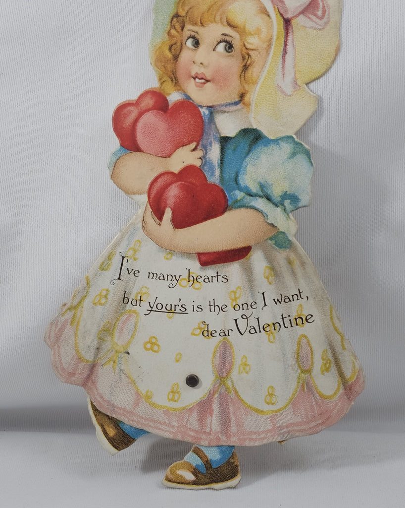 Antique Die Cut Mechanical Valentine Card Larger Sized Walker Girl Holding Pile of Hearts