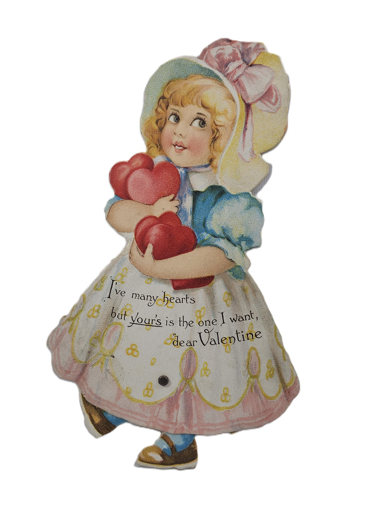 Antique Die Cut Mechanical Valentine Card Larger Sized Walker Girl Holding Pile of Hearts