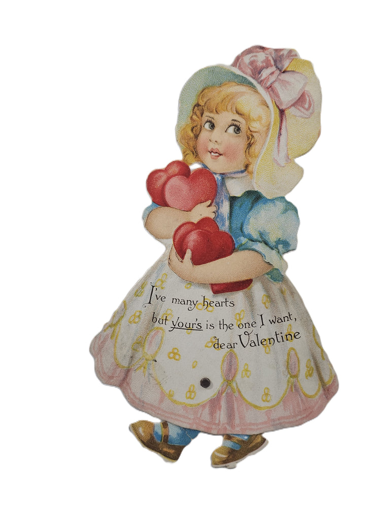 Antique Die Cut Mechanical Valentine Card Larger Sized Walker Girl Holding Pile of Hearts