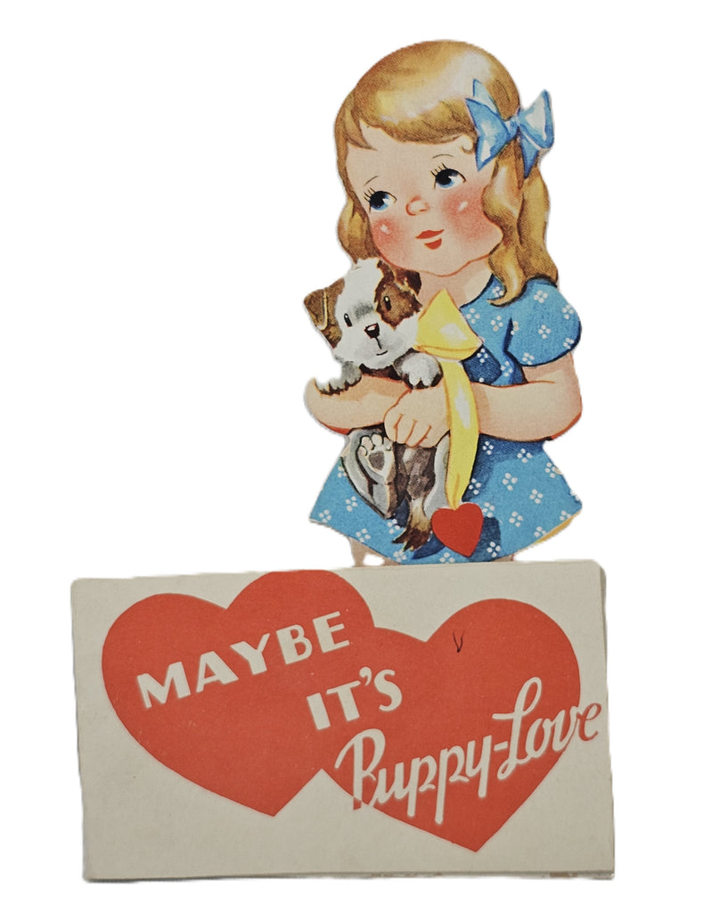 Vintage Die Cut Valentine Card Little Girl in Blue Dress Holding Puppy Dog Fold Out