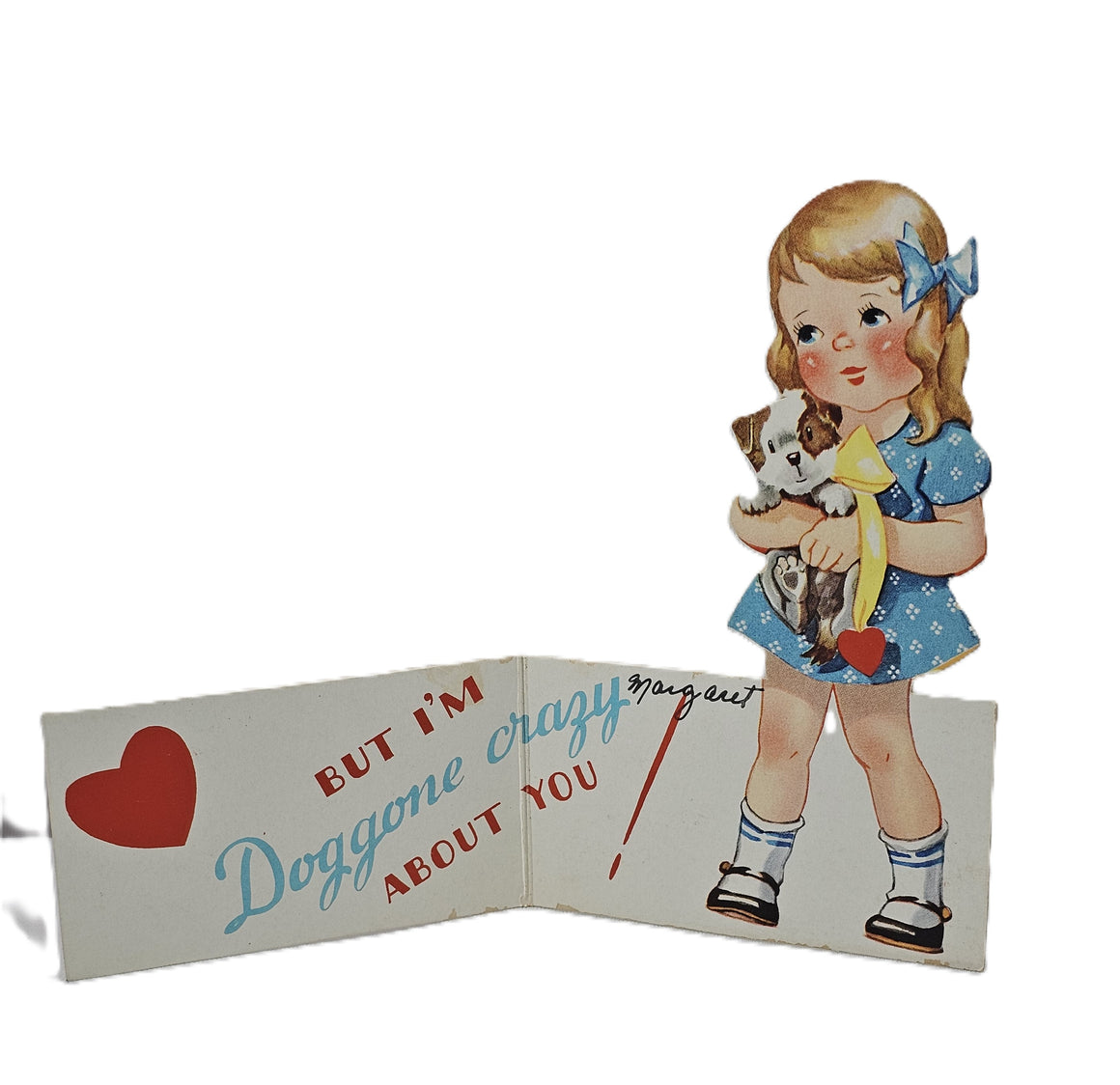 Vintage Die Cut Valentine Card Little Girl in Blue Dress Holding Puppy Dog Fold Out