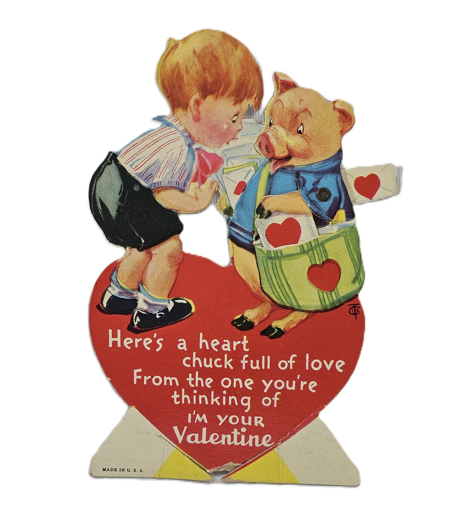 Vintage Mechanical Die Cut Valentine Card Little Boy and a Pig Dressed in a Suit