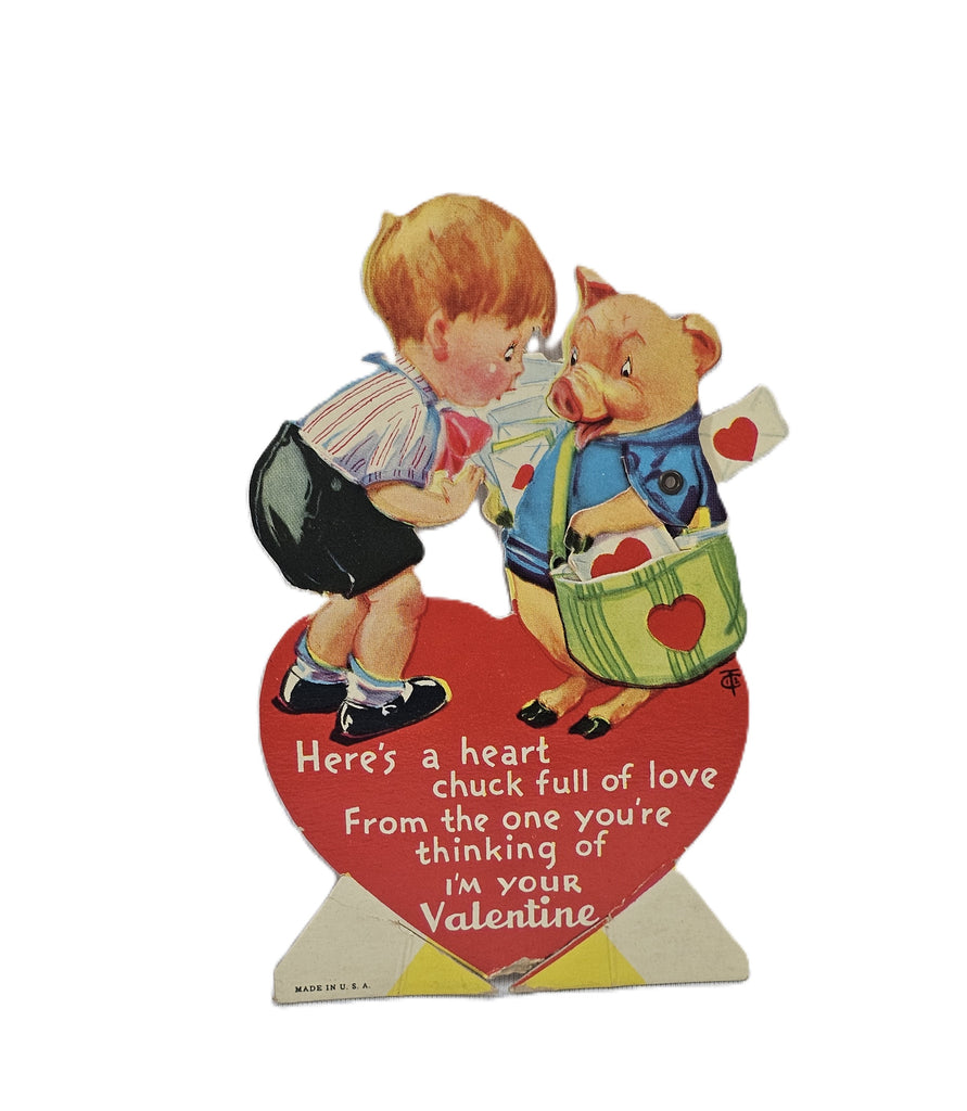 Vintage Mechanical Die Cut Valentine Card Little Boy and a Pig Dressed in a Suit