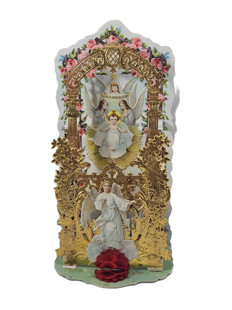 Antique Vintage Christmas 3D Die Cut Card with Gold Foil Baby Jesus with Angels Germany 1900s