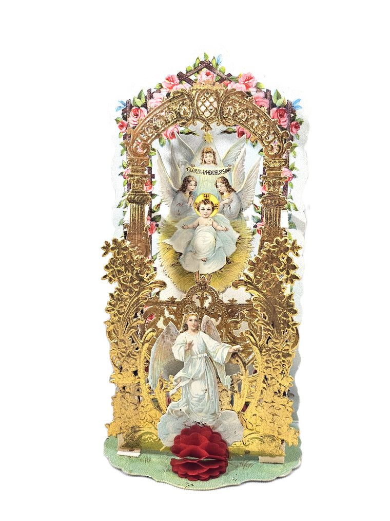 Antique Vintage Christmas 3D Die Cut Card with Gold Foil Baby Jesus with Angels Germany 1900s